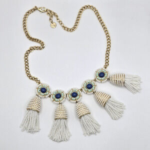 Talbots Tassel Necklace White Blue Beaded Goldtone Southwest Tribal Boho Aztec